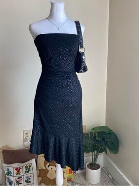 Vintage Y2K sparkly black strapless midi dress